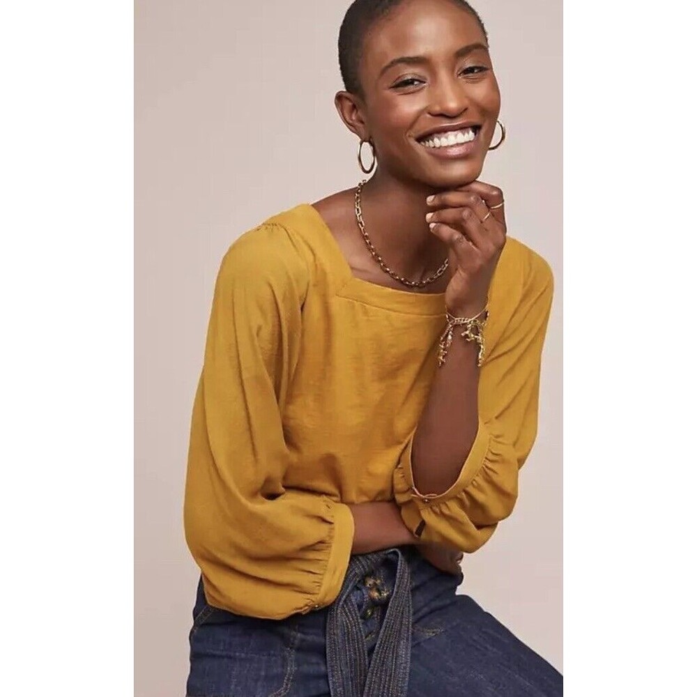 Anthropologie Mustard Square-Neck Balloon Sleeve Blouse